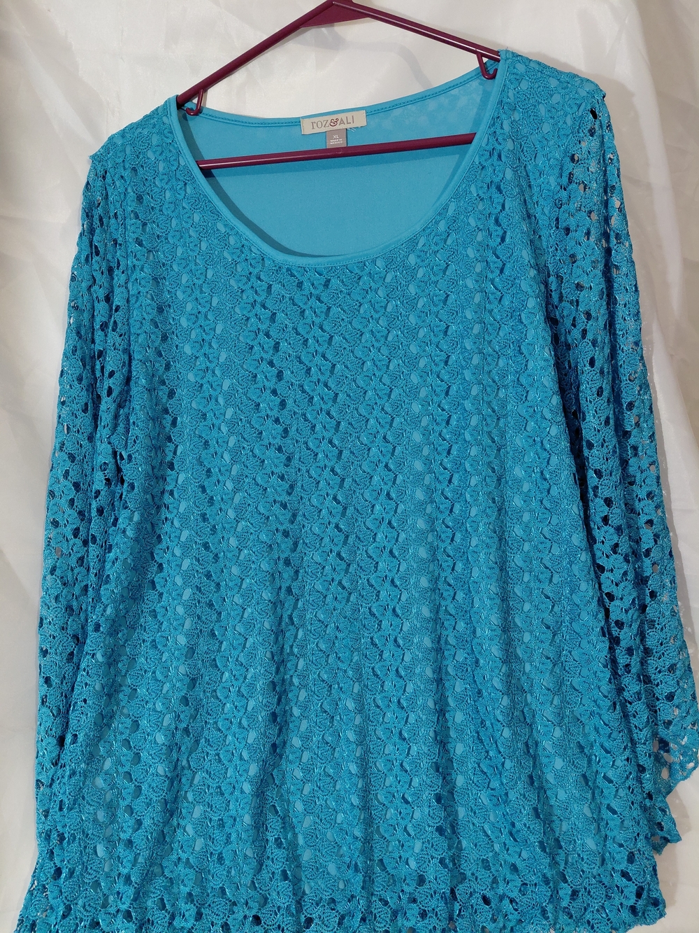 Roz & Ali Bright Turquoise Crochet Lace Long Sleeve Top